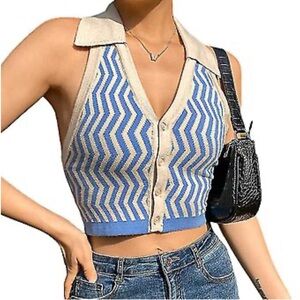 Women’s Chevron Halter Collard Backless Button‎ Down Crop Knit Top. Size S (316)